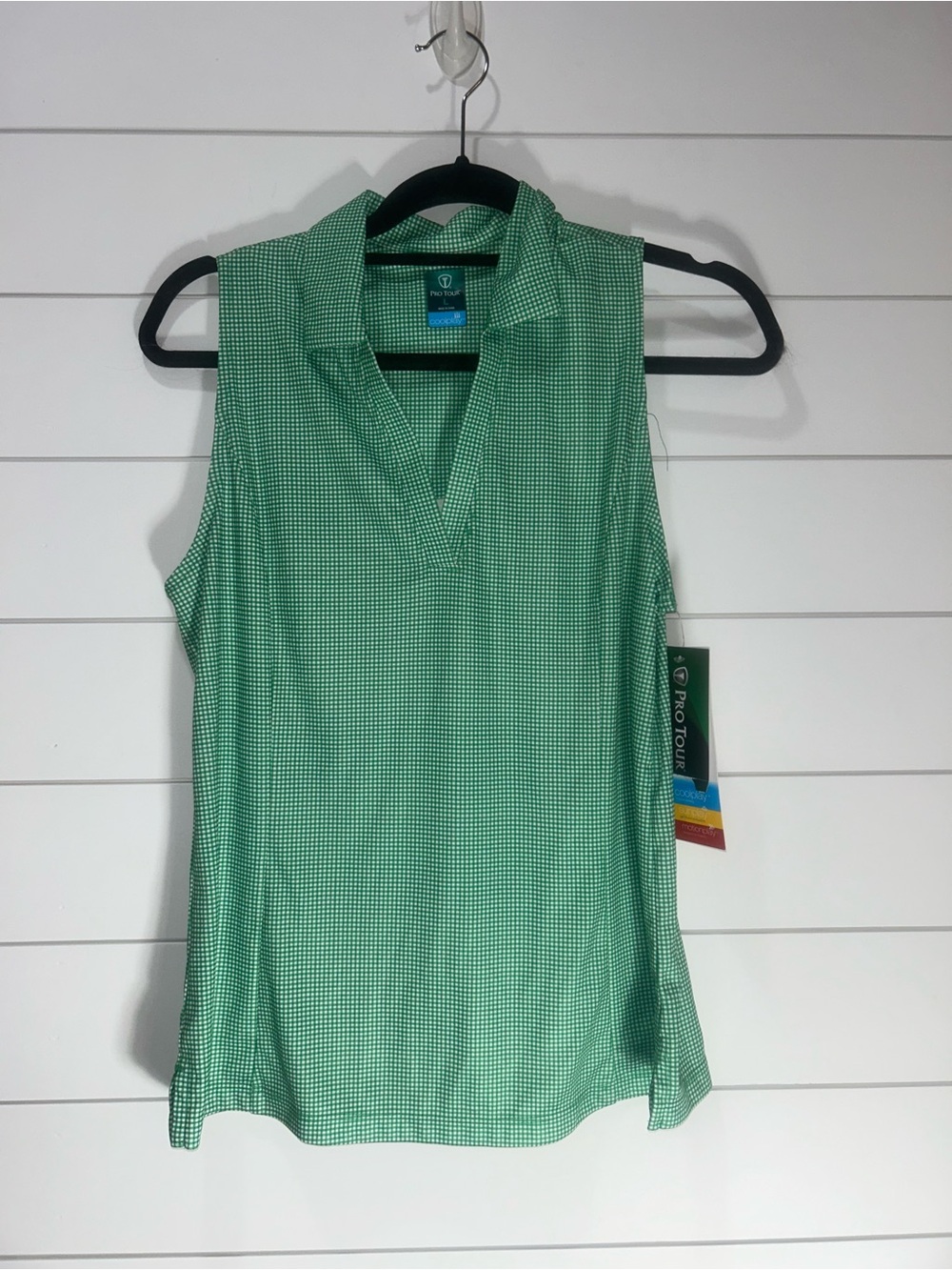 PGA Pro Tour Coolplay  Green Plaid Women L Golf Polo Top Motion Range Casual NEW